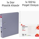 Tigra 1 Adet Dar Klasör 1 Adet Noki 100'LÜ Poşet Dosya Ofis Seti - Gri