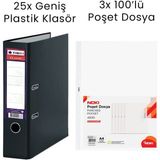 Tigra 25 Adet Geniş Klasör 3 Adet Noki 100'LÜ Poşet Dosya Ofis Seti - Siyah