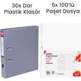 Tigra 30 Adet Dar Klasör 5 Adet Noki 100'LÜ Poşet Dosya Ofis Seti - Gri
