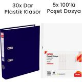 Tigra 30 Adet Dar Klasör 5 Adet Noki 100'LÜ Poşet Dosya Ofis Seti - Lacivert