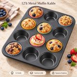 Tilbe Home 12'li Muffin Kalıbı Karbon Çelik Çift Kat Yapışmaz Kaplamalı Cupcake Mini Kek Brownie Kurabiye ve Çörek Pişirme Tepsisi 12 Gözlü Tek Parça Metal Fırın Kalıbı İnox Siyah Mutfak Kek Gereçleri