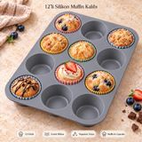Tilbe Home 12'li Silikon Muffin Kalıbı Gri Cupcake Mini Kek Browni Kurabiye Tatlı Pişirme Tepsisi Esnek Tek Parça Yuvarlak Bölmeli Porsiyonluk İkram Hazırlama Yanmaz Yapışmaz Mutfak Kek Kalıbı