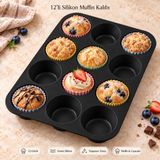 Tilbe Home 12'li Silikon Muffin Kalıbı Siyah Renk Cupcake Mini Kek Browni Kurabiye Tatlı Pişirme Tepsisi Esnek Tek Parça Yuvarlak Bölmeli Porsiyonluk İkram Hazırlama Yanmaz Yapışmaz Mutfak Kek Kalıbı