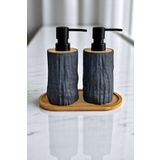 Tilbe Home 2li Bambu Detaylı Sıvı Sabunluk Seti 500ml Hands Dishes Mutfak Banyo Taş Figürlü Bambu Stantlı Set