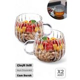 Tilbe Home 2'li Çizgili Bardak 250 ml Retro Çay Fincanı Kahve Sunum Bardağı Dayanıklı Cam Kupa Bardak Seti
