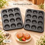 Tilbe Home 2'li Gül Kabartmalı Muffin Kalıbı Seti, Her Biri 12 Gözlü, Yapışmaz Kaplamalı Metal Cupcake Mini Kek Brownie Pişirme Tepsisi, Çiçek Kabartmalı Porsiyonluk İkram Hazırlama Siyah