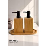 Tilbe Home 2li Kare Bambu Sabunluk Seti Hands Dishes Mutfak Banyo Sıvı Sabunluk 500ml Doğal Bambu Stantlı Set