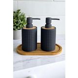 Tilbe Home 2li Retro Still Sıvı Sabunluk Seti 500ml Mutfak Banyo Hands Dishes Kare Figürlü Bambu Stantlı Set