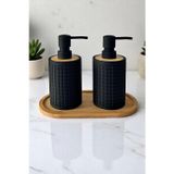 Tilbe Home 2li Retro Still Sıvı Sabunluk Seti 500ml Mutfak Siyah Hands Dishes Kare Figürlü Bambu Stantlı Set