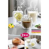 Tilbe Home 3'lü Çift Cidarlı Burgulu Kristal Cam Bardağı Çay Süt Kahve Kupası Sıcak & Soğuk Retro Bardak Seti - Şeffaf
