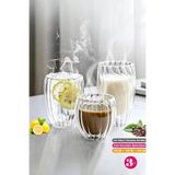 Tilbe Home 3'lü Çift Cidarlı Burgulu Kristal Cam Bardağı Çay Süt Kahve Kupası Sıcak & Soğuk Retro Bardak Seti