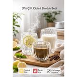 Tilbe Home 3’lü Çift Cidarlı Burgulu Kristal Cam Bardak Seti – Sıcak & Soğuk Çay Kahve Süt Kupası Retro Seti
