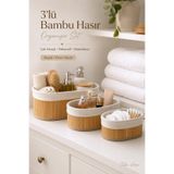 Tilbe Home 3’lü Oval Bambu Hasır Sepet Seti Dekoratif Banyo Makyaj Mutfak Düzenleyici Organizer Sepet