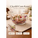 Tilbe Home Çiçekli Çift Cidarlı Cam Kase 14x14x9 cm İç Dekor Detaylı Sunum Kasesi Tatlı Çerez Salata Kasesi