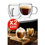 Tilbe Home Çift Camlı Çift Cidarlı Cam Kupa 250 ml Ev Ofis Fincanı Çift Katlı Isı Yalıtımlı Kulplu Cam Bardak