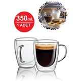 Tilbe Home Çift Camlı Çift Cidarlı Cam Kupa 350 ml Ev Ofis Fincanı Çift Katlı Isı Yalıtımlı Kulplu Cam Bardak