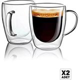 Tilbe Home Çift Cidarlı Bardak Kupa 350 ml Ev Ofis Espresso Kahve Çay Fincanı Borosilikat Kulplu Cam Bardak - 2 Adet - Şeffaf