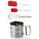 Tilbe Home Un Eleği Basmalı Şeker Pudra Elek + Çelik Yumurta Çırpıcısı + Yumurta Fırçası + Silikon Spatula