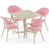 Tilia 4 Kişilik Polipropilen Masa Takımı Bej, Kırmızı Beyaz (Moon Katlanır Masa 80X80 cm + Flash-N Kollu Sandalye) - Bahçe, Balkon, Teras, Veranda, Havuz Başı, Dış Mekan, Kafe, Restoran, Otel İçin - 80 x 80 cm