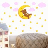 Tilki Dünyası Ay Üzerinde Uyuyan Tatlı Ayıcık, Pembe Bulutlar ve Yıldızlar Duvar Sticker Seti - Bebek ve Çocuk Odası Dekoratif Duvar Çıkartması