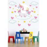 Tilki Dünyası Bulut Üzerinde Unicorn Kalpler Yıldızlar Çocuk Odası Sticker