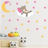 Tilki Dünyası Bulut Üzerinde Uyuyan Ayıcık Sevimli Ay Pembe Ve Sarı Yıldızlar Çocuk Odası Duvar Sticker