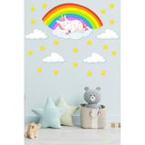 Tilki Dünyası Bulut Üzerinde Uyuyan Unicorn, Gökkuşağı Ve Bulutlar Çocuk Odası Duvar Sticker