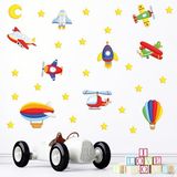 Tilki Dünyası Hava Araçları Duvar Sticker Seti - Renkli Uçaklar, Helikopter, Roket ve Uçan Balon - Çocuk Odası Dekoratif Duvar Çıkartması