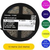 Tilki Dünyası Ledronics Premium Samsung Çipli 12V Nano Hybrid Şerit LED - Dış Mekan IP65 Su Geçirmez, 12W/MT 8mm 60 LED - 10000K - Beyaz - 10 Metre (2x5 Metre)