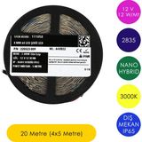 Tilki Dünyası Ledronics Premium Samsung Çipli 12V Nano Hybrid Şerit LED - Dış Mekan IP65 Su Geçirmez, 12W/MT 8mm 60 LED - 3000K - Gün Işığı - 20 Metre (4x5 Metre)