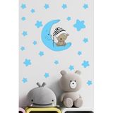 Tilki Dünyası Mavi Ay Üzerinde Uyuyan Sevimli Ayıcık Ve Mavi Yıldızlar Çocuk Odası Duvar Sticker