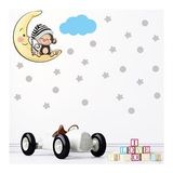 Tilki Dünyası S0087 ST Ay Üzerinde Uyuyan Sevimli Maymun Gri Yıldızlar Puantiyeler ve Mavi Bulut Çocuk Odası Duvar Sticker