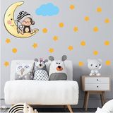Tilki Dünyası S0088 ST Ay Üzerinde Uyuyan Sevimli Maymun Sarı Yıldızlar Puantiyeler ve Mavi Bulut Çocuk Odası Duvar Sticker