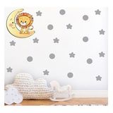 Tilki Dünyası S0107 ST Ay Üzerindeki Sevimli Aslan Gri Yıldızlar ve Puantiyeler Çocuk Odası Duvar Sticker