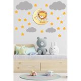 Tilki Dünyası Sevimli Aslan Sarı Yıldızlar Ve Gri Bulutlar Dekoratif Bebek Çocuk Odası Duvar Sticker