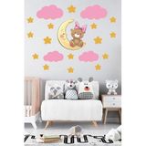 Tilki Dünyası Sevimli Ayıcık Sarı Yıldızlar Ve Pembe Bulutlar Bebek Çocuk Odası Duvar Sticker 45 x 130 cm