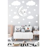 Tilki Dünyası Sevimli Beyaz Ayıcık, Beyaz Yıldızlar Ve Bulutlar Dekoratif Bebek Çocuk Odası Duvar Sticker