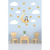 Tilki Dünyası Sevimli Penguen Sarı Yıldızlar ve Beyaz Bulutlar Dekoratif Bebek Çocuk Odası Duvar Sticker