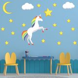 Tilki Dünyası Sevimli Unicorn ve Ay Duvar Sticker Seti - 30 Parça Sarı Yıldız ve Beyaz Bulut Detaylı Çocuk Odası Dekoru - Kendinden Yapışkanlı Folyo