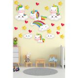 Tilki Dünyası Sevimli Unicorn ve Gökkuşağı Duvar Sticker Seti - 4 Farklı Unicorn, Bulutlar, Yıldızlar ve Kalpler - Çocuk ve Bebek Odası Dekoratif Duvar Çıkartması