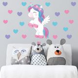Tilki Dünyası Sevimli Unicorn ve Renkli Kalpler Duvar Sticker Seti - Bebek ve Çocuk Odası Dekoratif Yapışkanlı Folyo