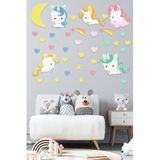 Tilki Dünyası Sevimli Unicornlar, Rengarenk Kalpler, Kuyruklu Yıldız Ve Renkli Yıldızlar Çocuk Odası Duvar Sticker