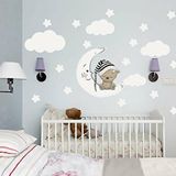 Tilki Dünyası TILKI-74983 Uyuyan Ayıcık Beyaz Yıldızlar ve Bulutlar Dekoratif Bebek Çocuk Odası Duvar Sticker