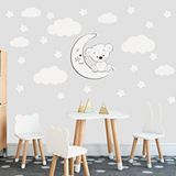 Tilki Dünyası TILKI-75993 Sevimli Beyaz Ayıcık Beyaz Yıldızlar ve Bulutlar Dekoratif Bebek Çocuk Odası Duvar Sticker