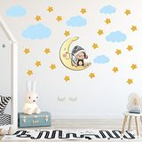 Tilki Dünyası Uyuyan Maymun Sarı Yıldızlar ve Mavi Bulutlar Dekoratif Bebek Çocuk Odası Duvar Stickerı