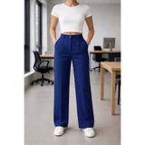 Timburly Lacivert Çizgili Kadın Kumaş Pantolon Yüksek Bel Geniş Paça Ofis Şık Pinstripe Pantolon
