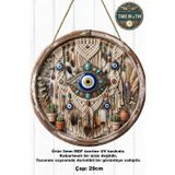 Time in a Tin Retro 1960 Dış Kapı Süsü - Bohem Tasarım Göz Formlu Nazar Boncuğu Ve Kaktüslü Duvar Süsü - Dekoratif Ahşap Mdf (29X29Cm)