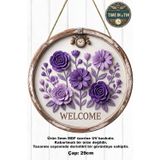 Time in a Tin Retro 1960 Dış Kapı Süsü - Vintage Tasarım Mor Güller Ve Papatyalı Duvar/Dış Kapı Süsü - Dekoratif Ahşap Mdf (29X29Cm)