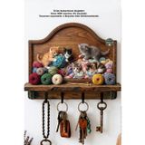 Time in a Tin Retro 1960 Yünlerle Oynayan Kediler - Ahşap Duvar Askısı Anahtarlık - Dekoratif Duvar Anahtar Askısı