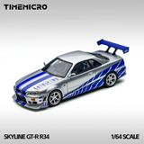 Time Micro 1/64 Nissan Skyline GT-R R34 Silver Blue Fast & Furious Diecast Model Araba TM800502